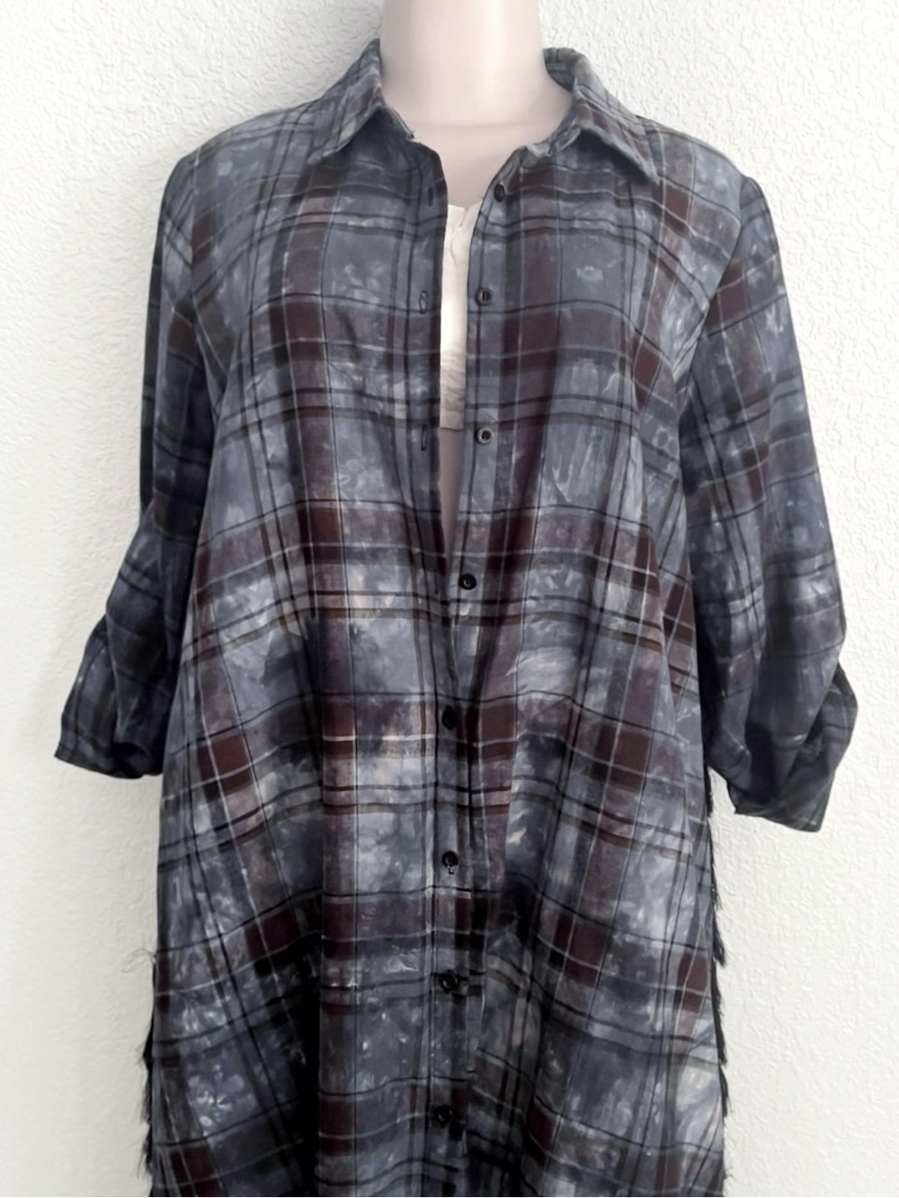 Plaid Linen Fringed Tab Sleeve Jacket Hi/Lo Lagenlook Western Boho L/XL - Picture 5 of 10